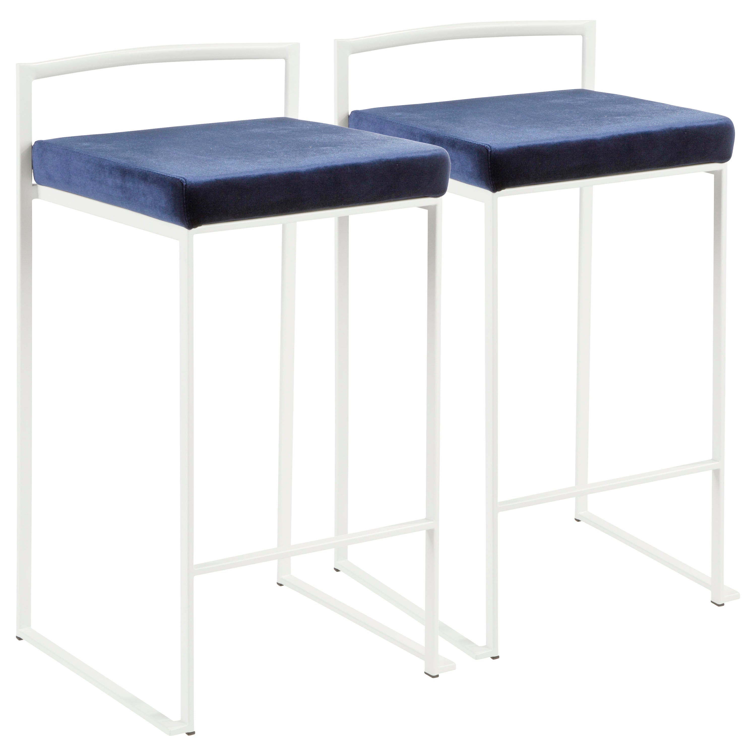 Fuji Contemporary Stackable Counter Stool in White with Blue Velvet Cushion by LumiSource - Set of 2