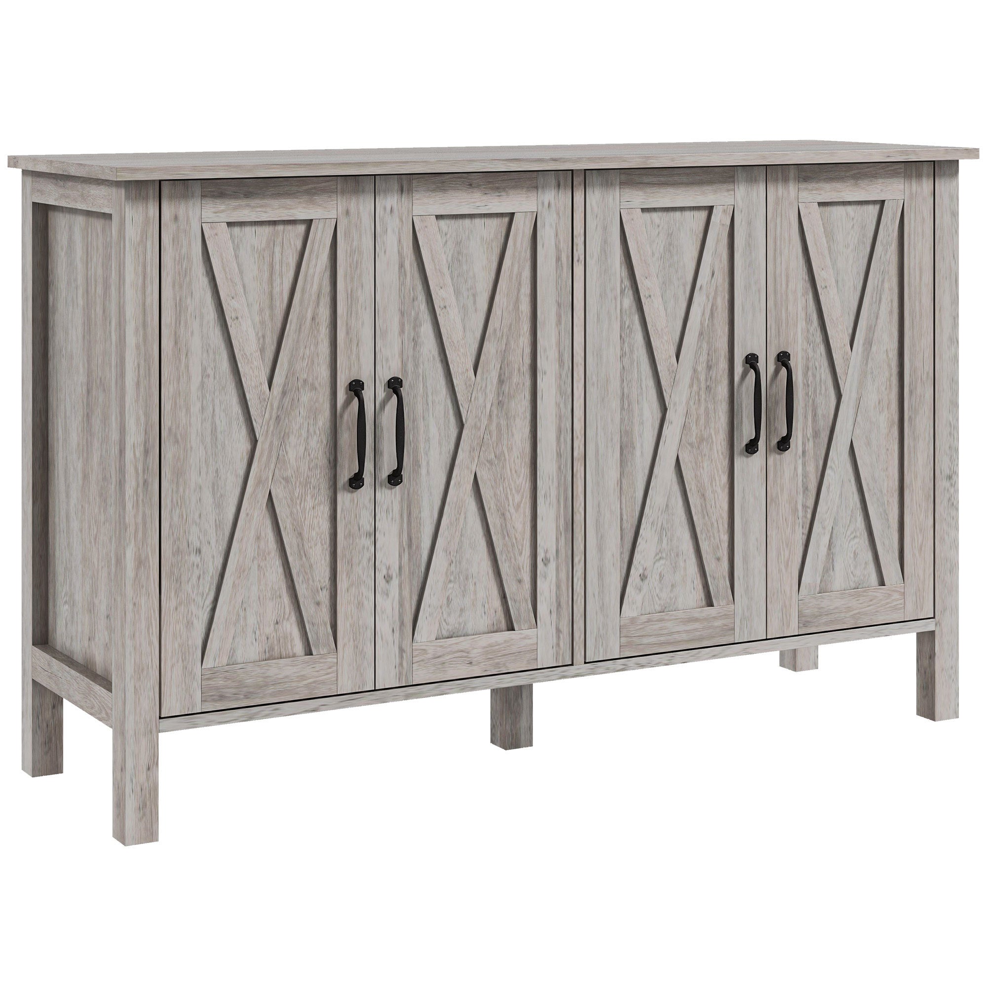 HOMCOM Buffet Cabinet, 47" Sideboard with 4 Barn Doors and 2 Adjustable Shelves, Farmhouse Coffee Bar Cabinet, Gray Wood Grain