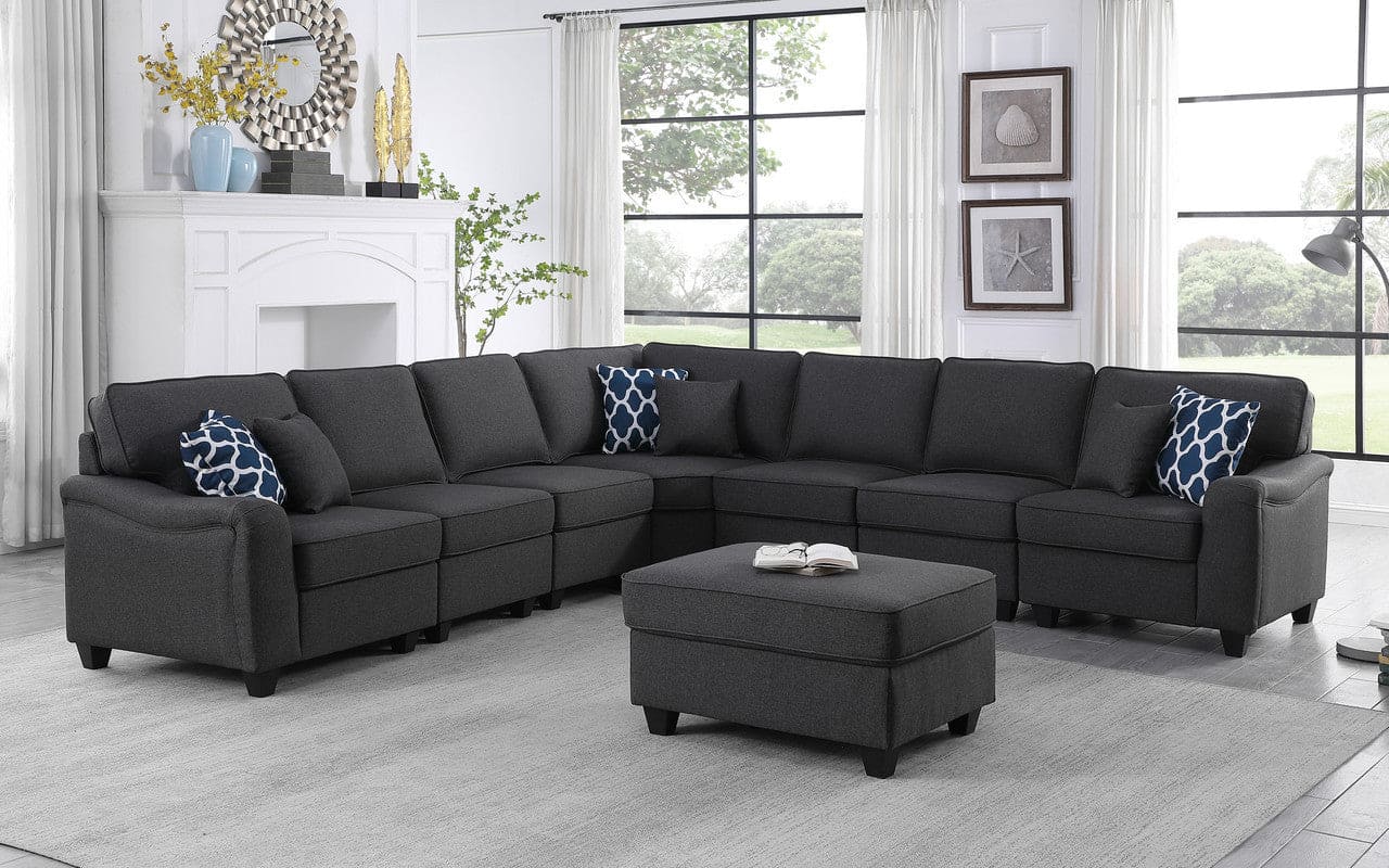 Leo Dark Gray Linen 8Pc Modular L-Shape Sectional Sofa and Ottoman