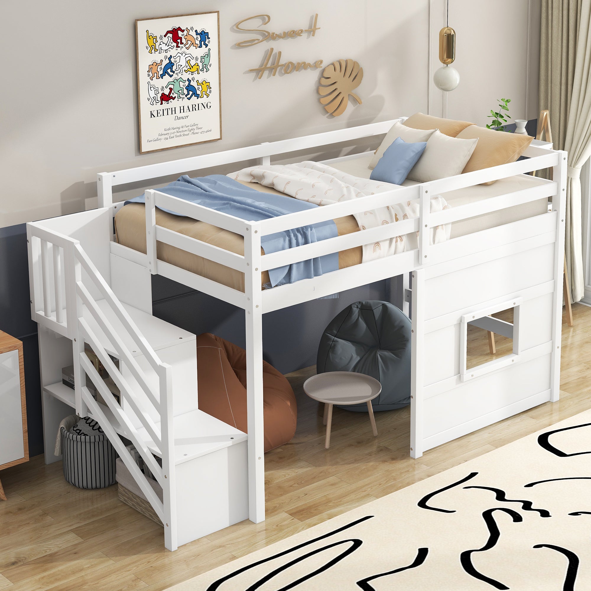 Twin Size Loft Bed with Storage Staircase and Window, White