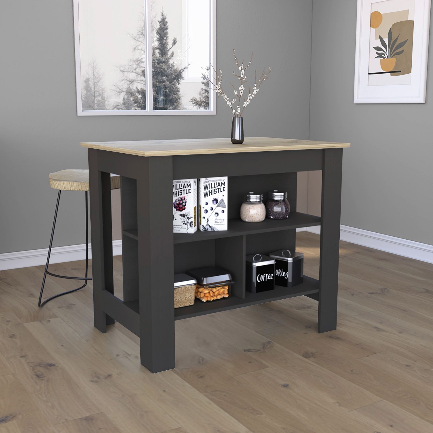 DEPOT E-SHOP Delos Kitchen Island, Four Legs, Three Shelves, Black / Light Oak